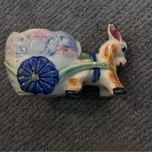 Vintage Hand-Painted Ceramic Donkey Planter with Cart - Blue & White - Japan